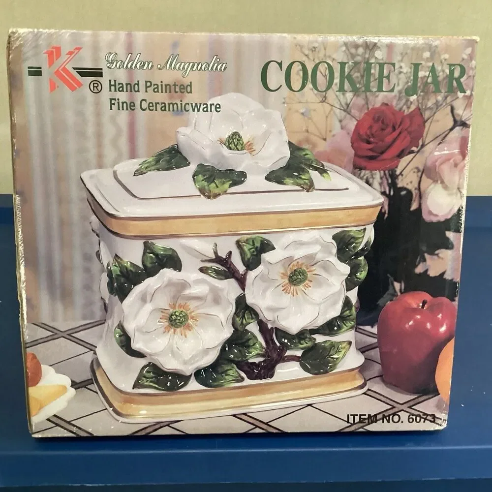 kk golden magnolia cooki jar hand painted ceramic ware #6073 vintage
